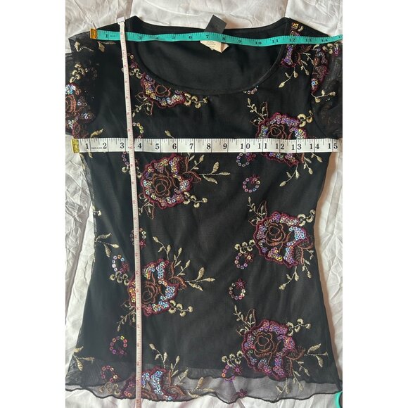 Womens Small Black Sheer Mesh Floral Embroidered Top Sequins Y2K Fairy Whimsy - Picture 7 of 7